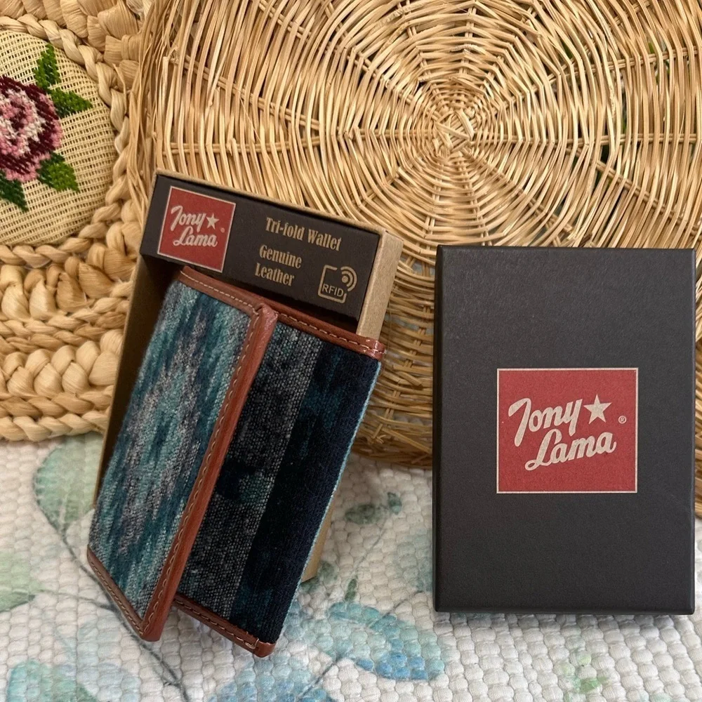 New Tony Lama Tri-Fold Wallet RFID Blue Aztec Canvas Leather Cowboy Western